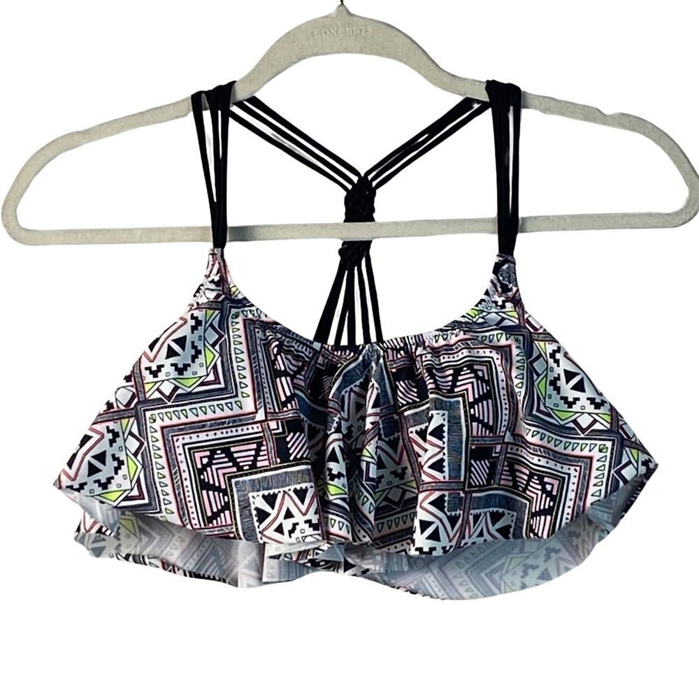 Victoria’s Secret PINK Aztec Ruffle Bikini Top Macrame Racer Back Straps Size SP
